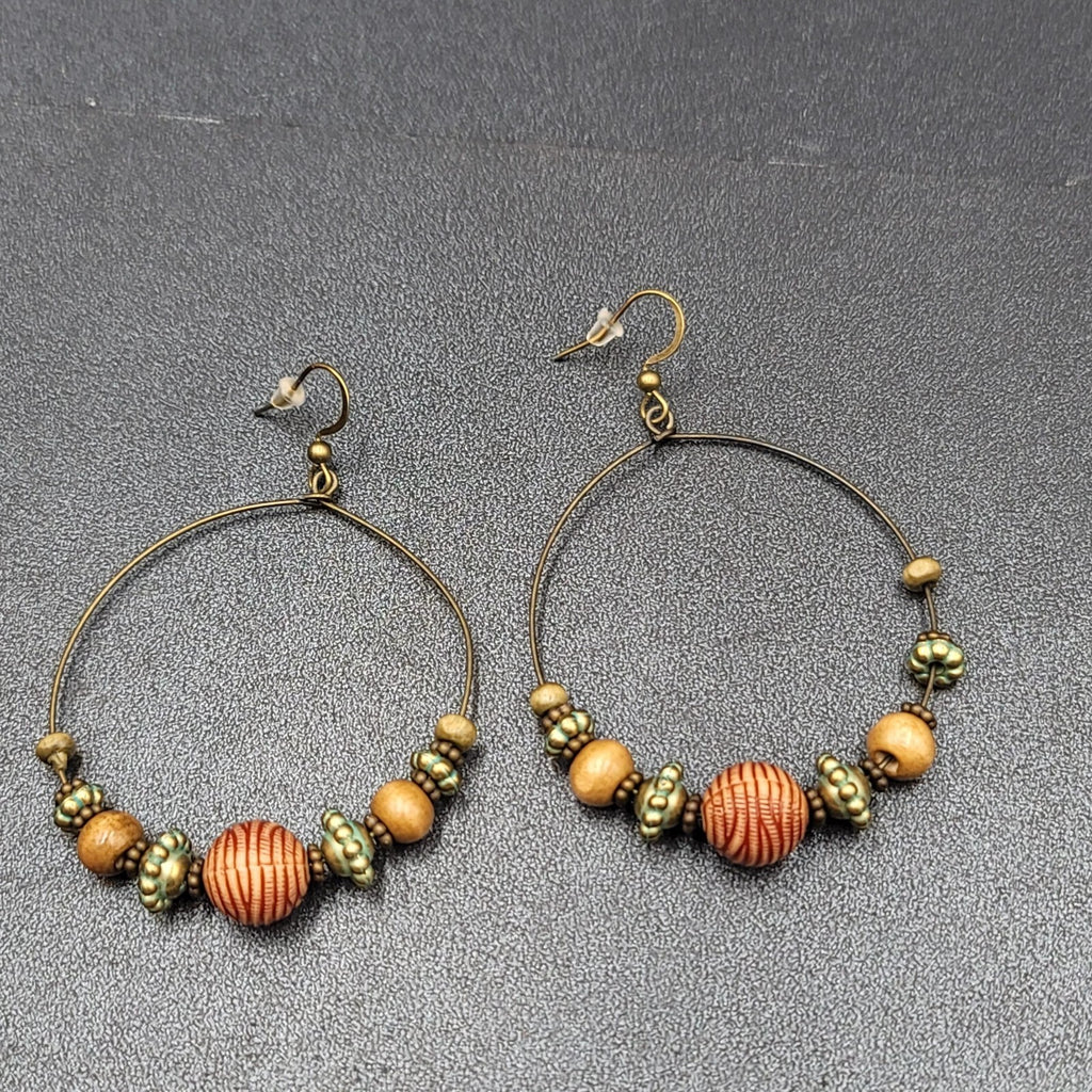 New Boho Pierced Earrings Gold tone Green Accent Wood Beaded Hoops 2"