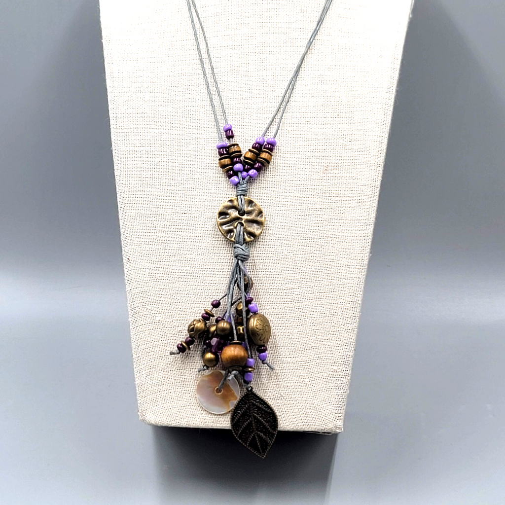 Long Charm Y Drop Necklace Bronze tone Purple Bead Gray Cord 32"