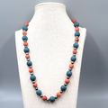 Vintage Beaded Necklace Red Blue Brass Handmade 22" Estate Costume Jewelry 