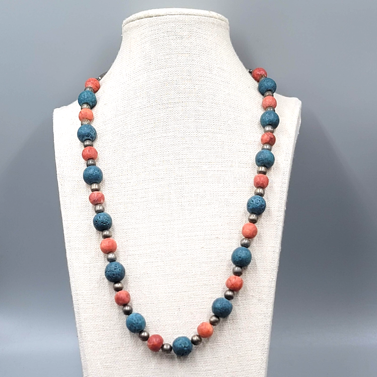 Vintage Beaded Necklace Red Blue Brass Handmade 22" Estate Costume Jewelry 