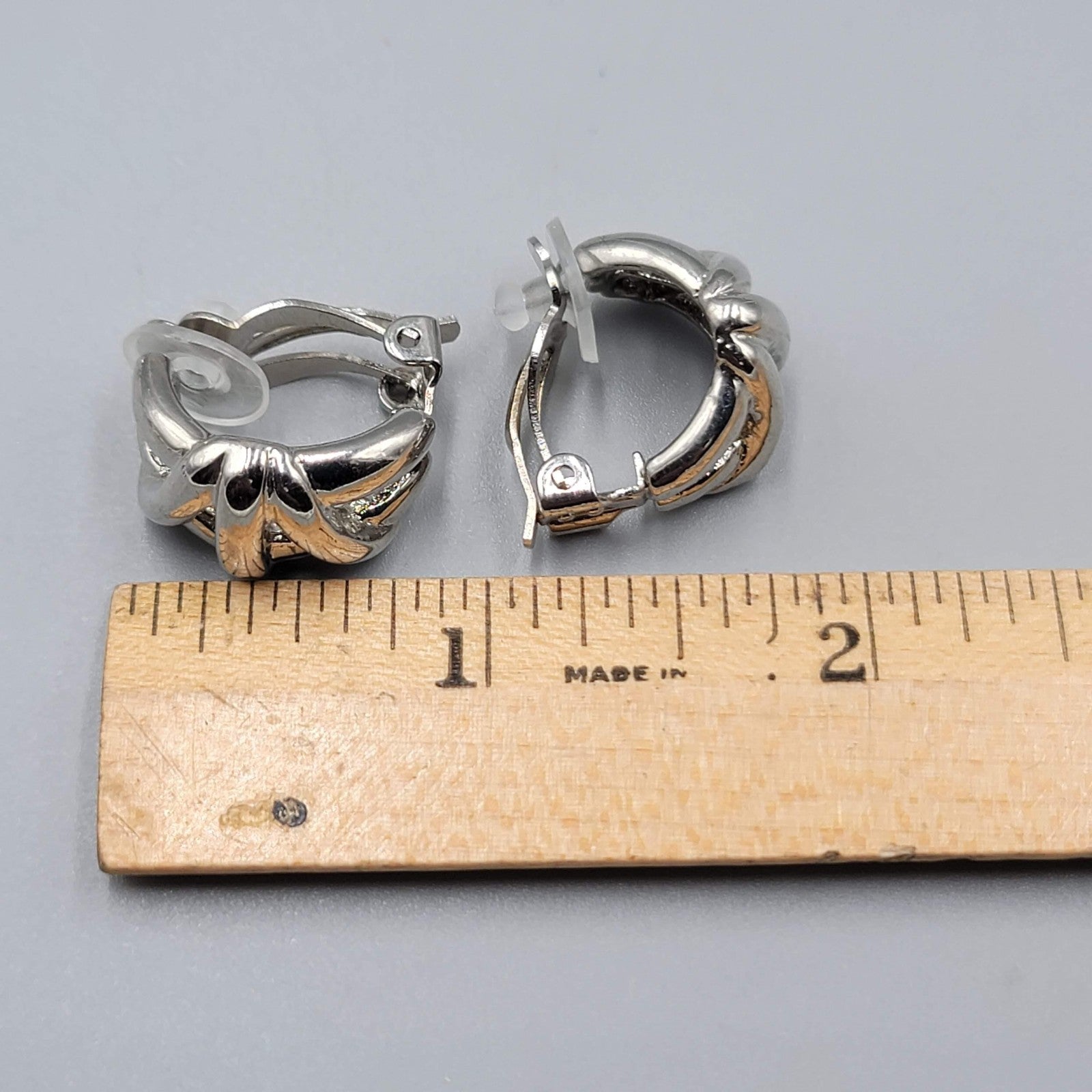 Vintage Half Hoop Clip On Earrings Silver tone Embossed Drop 3/4"