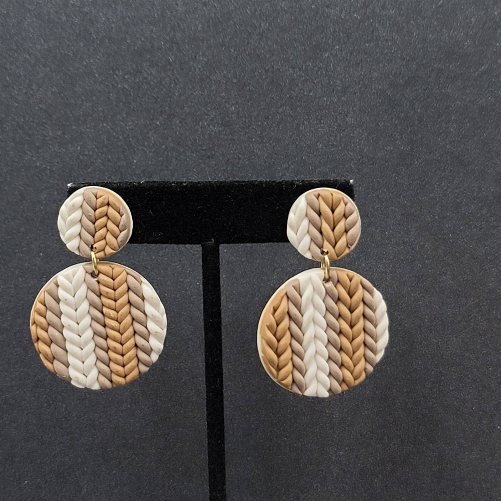 Pierced Earrings Brown White Braided Polymer Dangle 1 7/8"