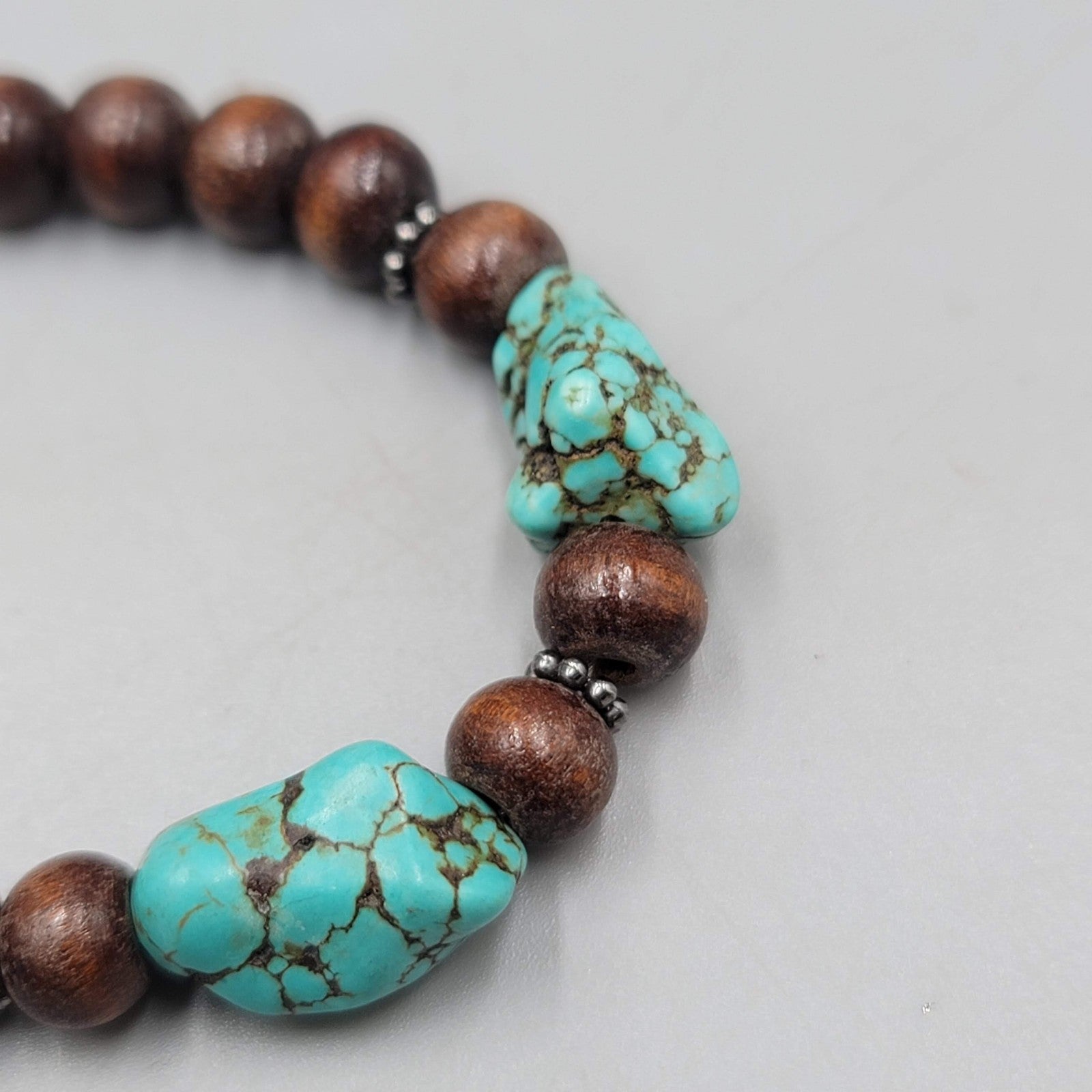 Wood and Blue Howlite Stone Bead Bracelet 6.5"