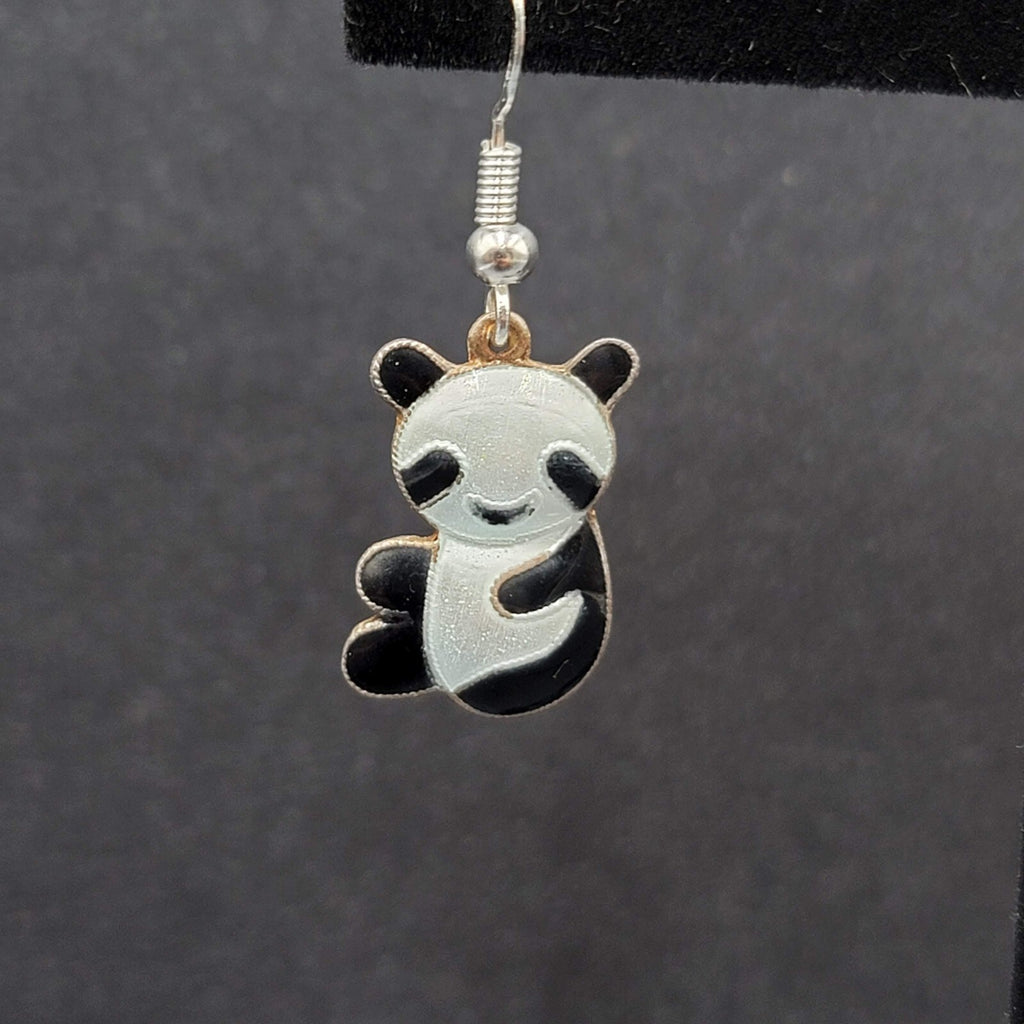 Panda Sterling Silver Pierced Earrings Enamel Dangle 3/4"