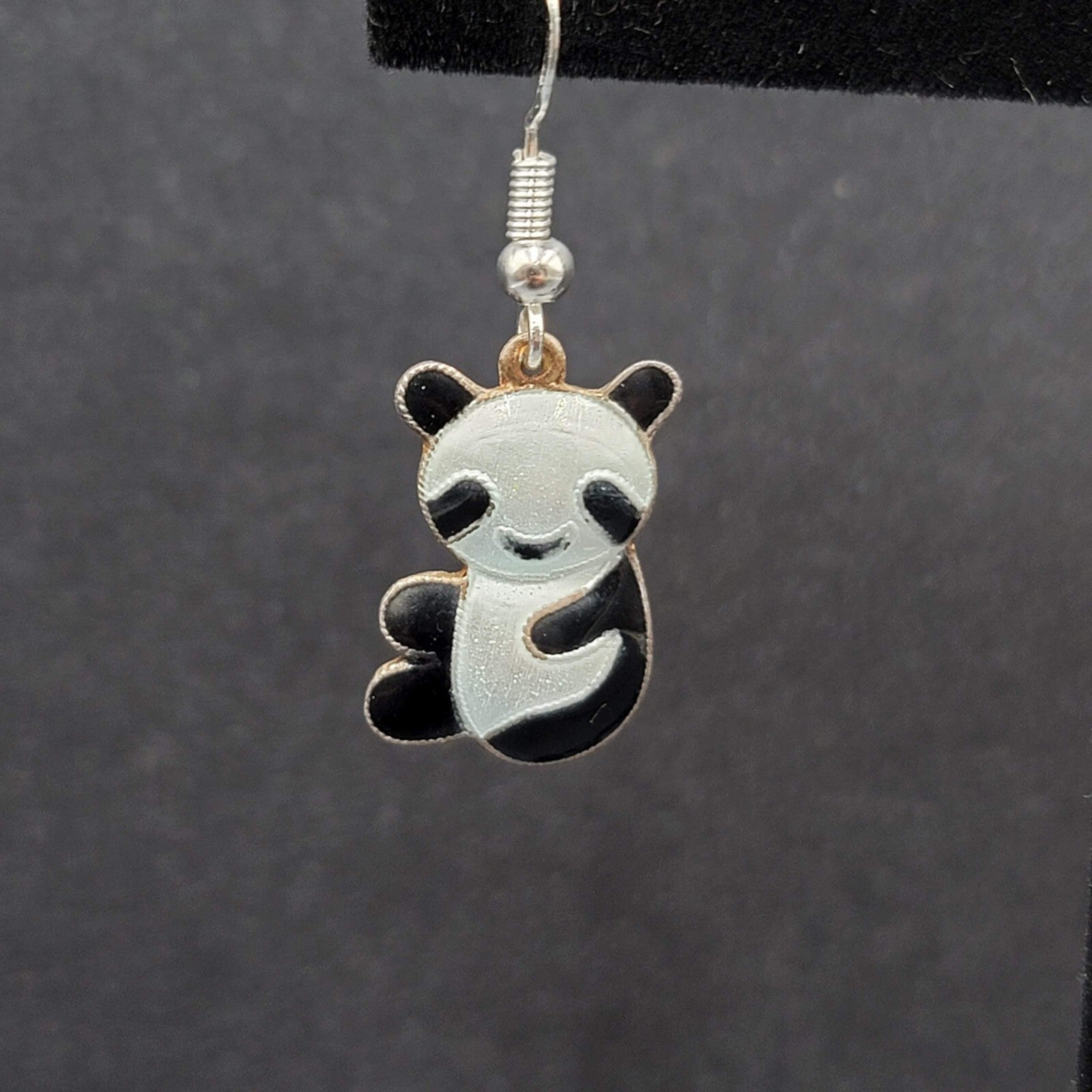 Panda Sterling Silver Pierced Earrings Enamel Dangle 3/4"