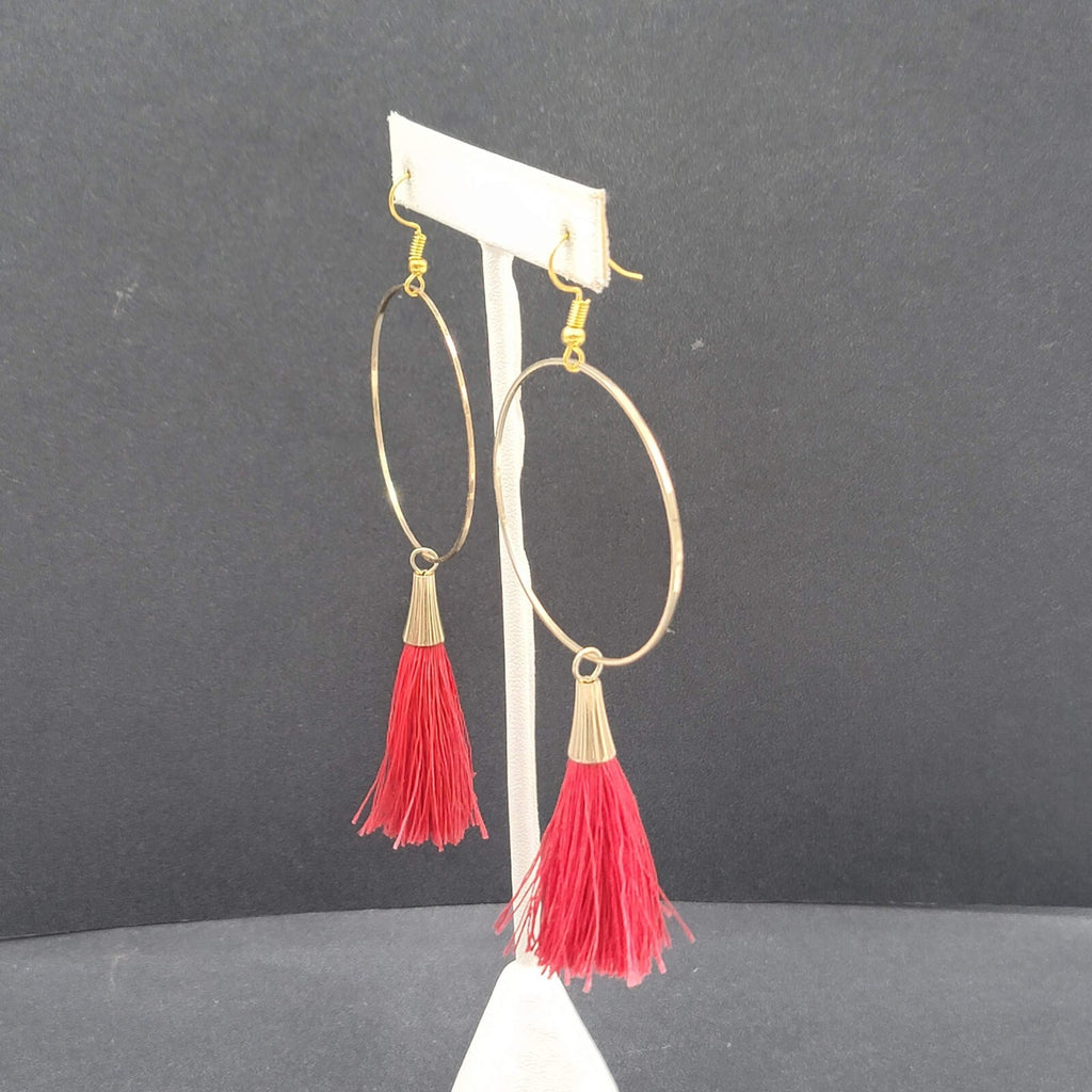 Pierced Earrings Gold tone Red Tassel Statement Dangle 3.5"