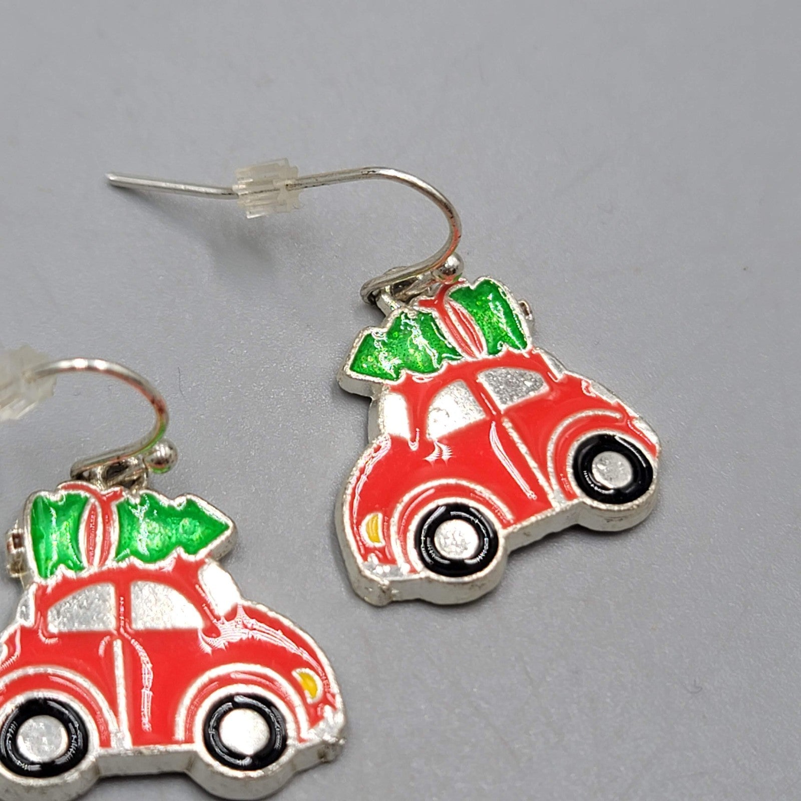 Christmas Tree Red Car Enamel Pierced Earrings Silver tone Dangle  3/4"