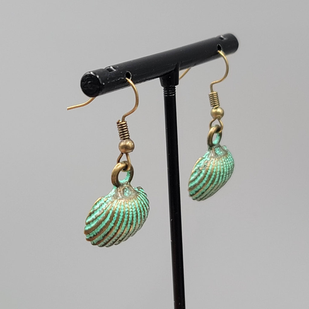 Clam Shell Beach Sea life Pierced Earrings Bronze tone Green wash Dangle 5/8"