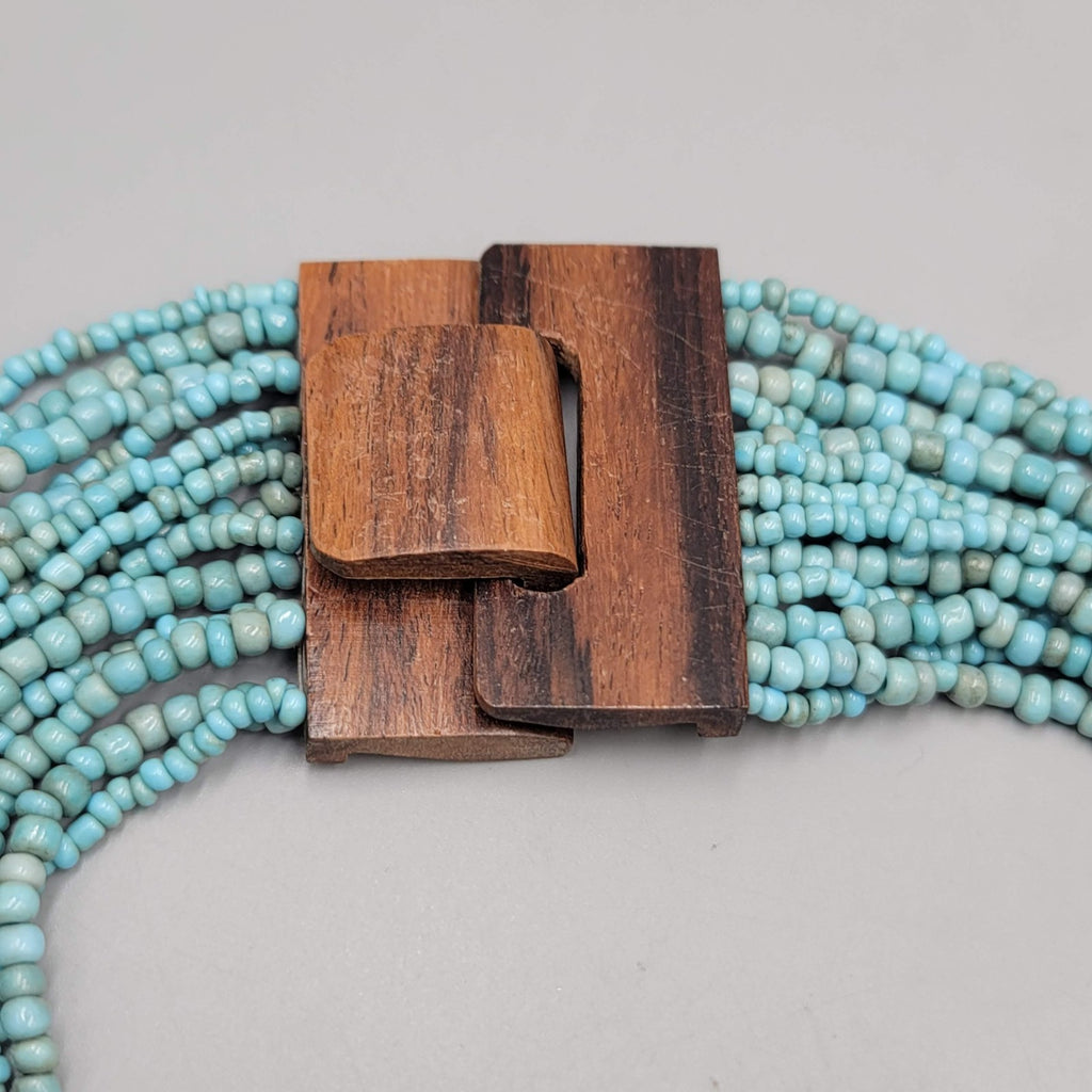 Artisan Necklace 14 Strand Blue Seed Bead Wood Clasp Statement 18"