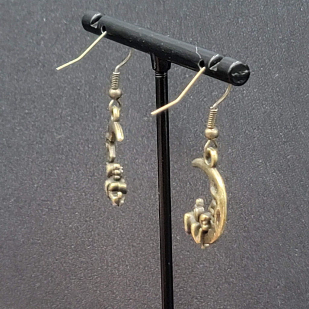 New Cherub Angel Moon Pierced Earrings Bronze tone Dangle 3/4"