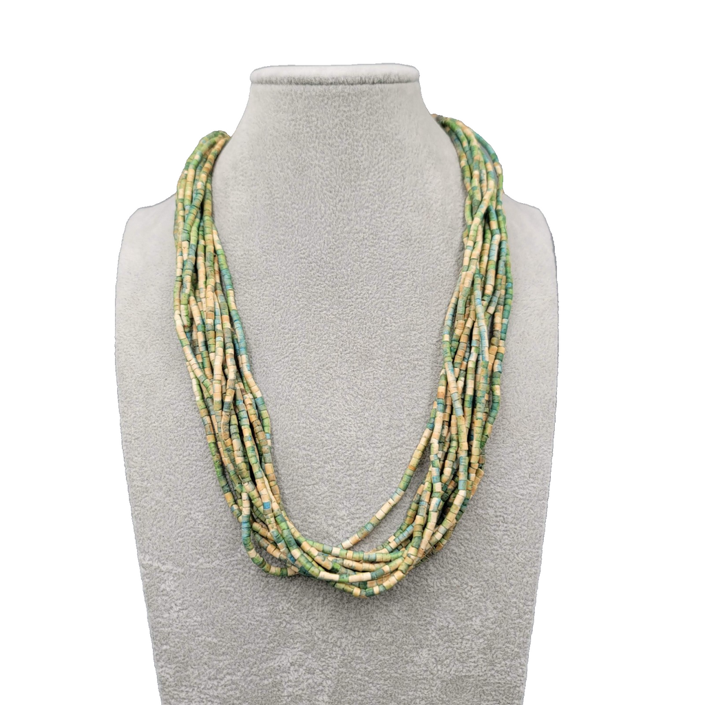 Multistrand Green Tan Bead Necklace Coconut Button Closure Adj 18"-20"