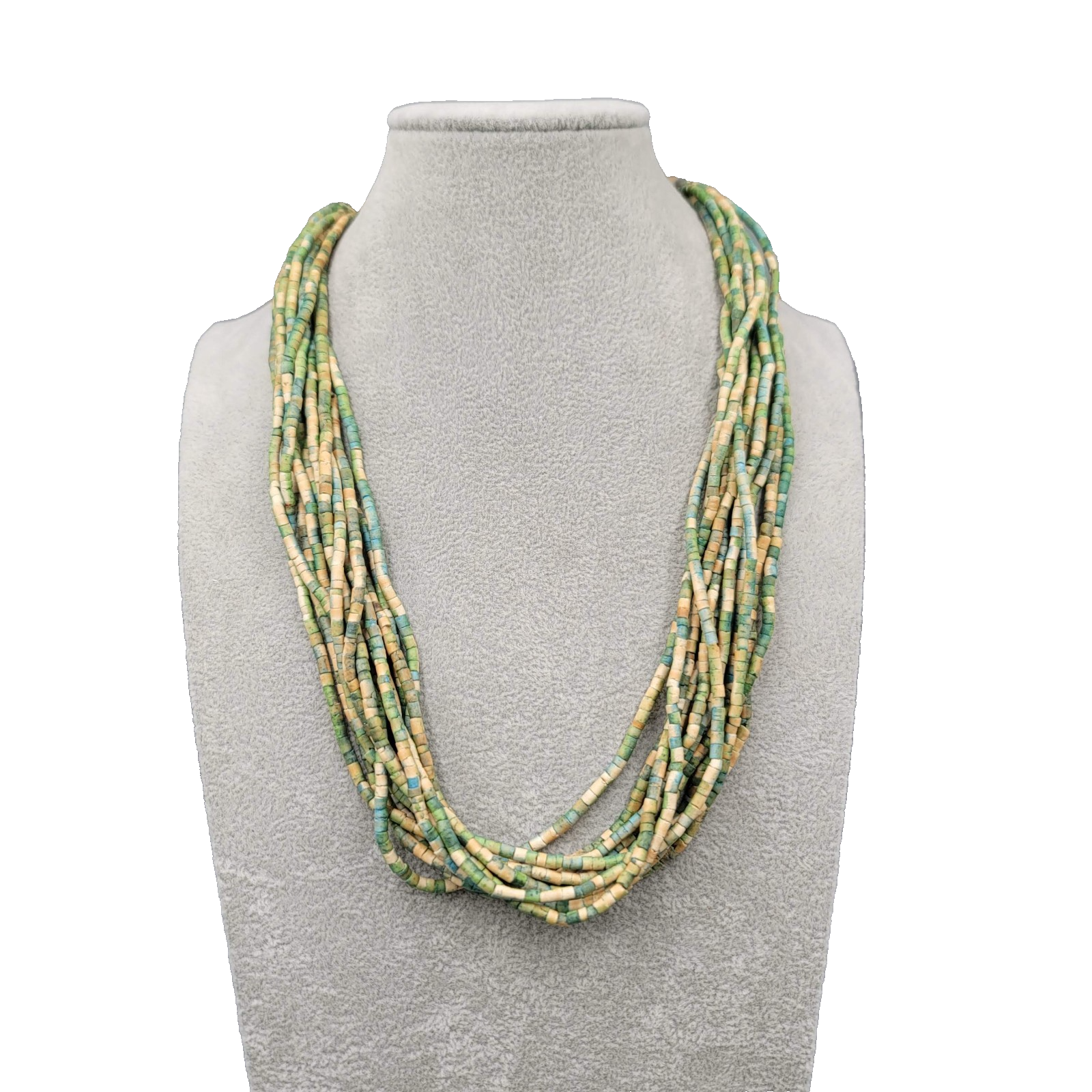 Multistrand Green Tan Bead Necklace Coconut Button Closure Adj 18"-20"