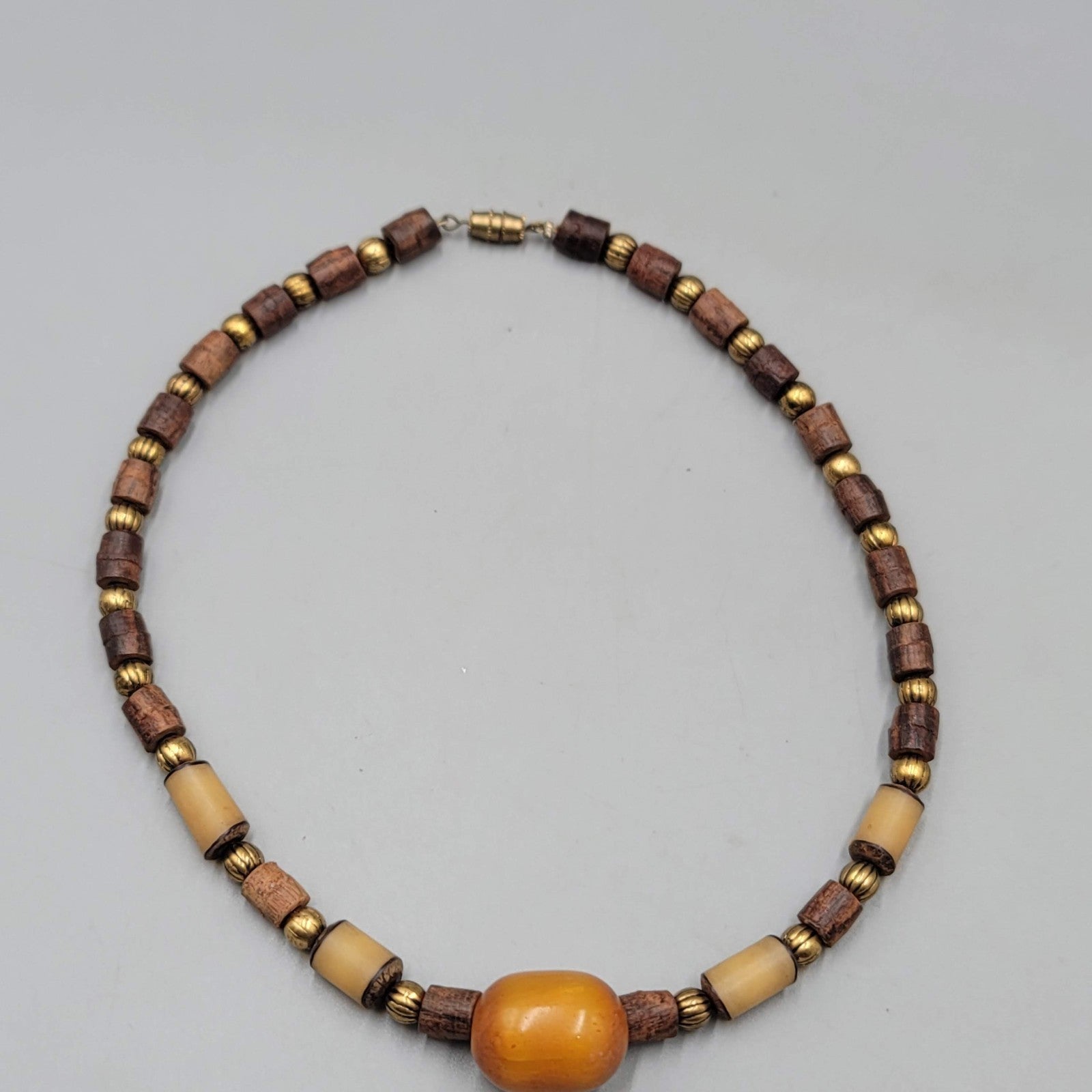 Vintage Wood Nut Brass Bead Necklace Unisex Ethnic 16 in