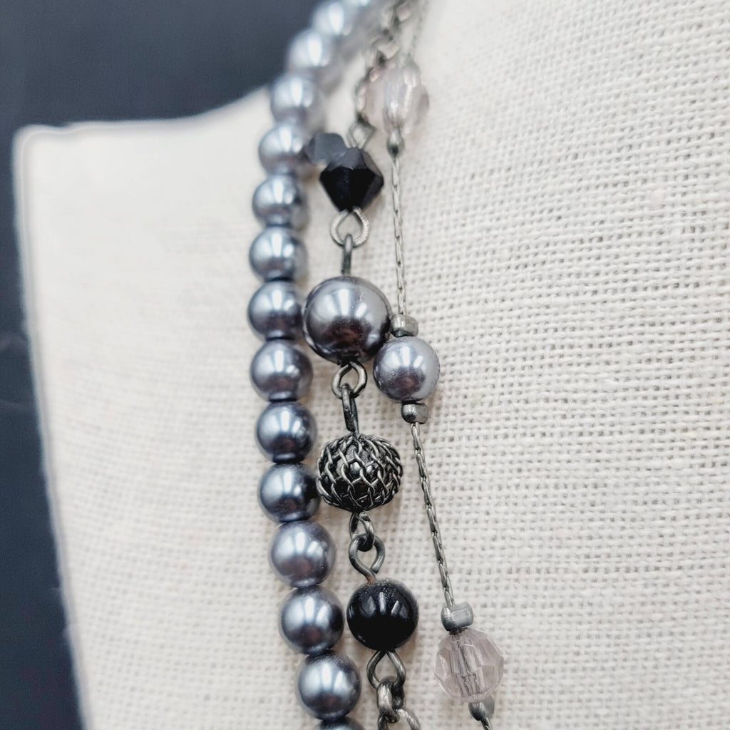 Triple Strand Black Chain Gray Bead Necklace 16"