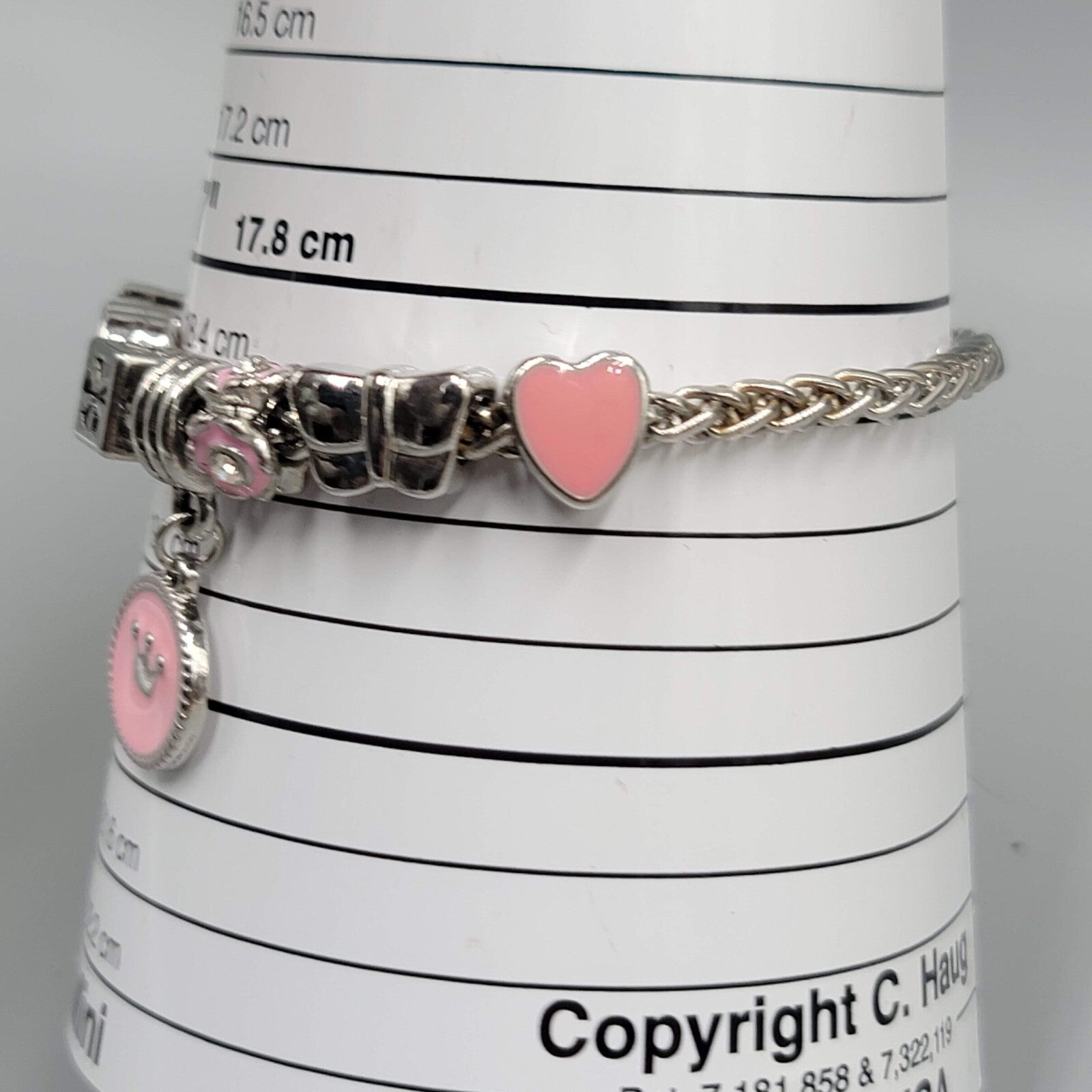 Slide Charm Bracelet Pink Enamel Hearts Beads Silver tone  7.25 in