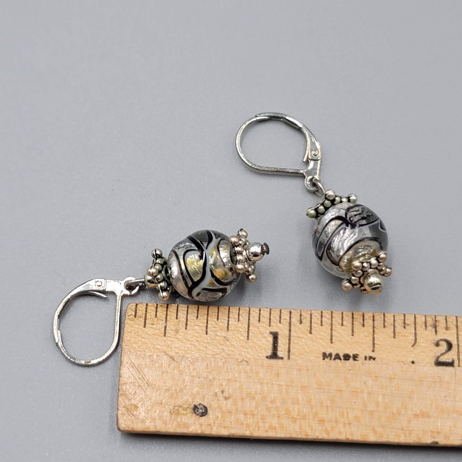 Clear Black Swirl Glass Bead Pierced Earrings Silver tone Dangle 3/4"