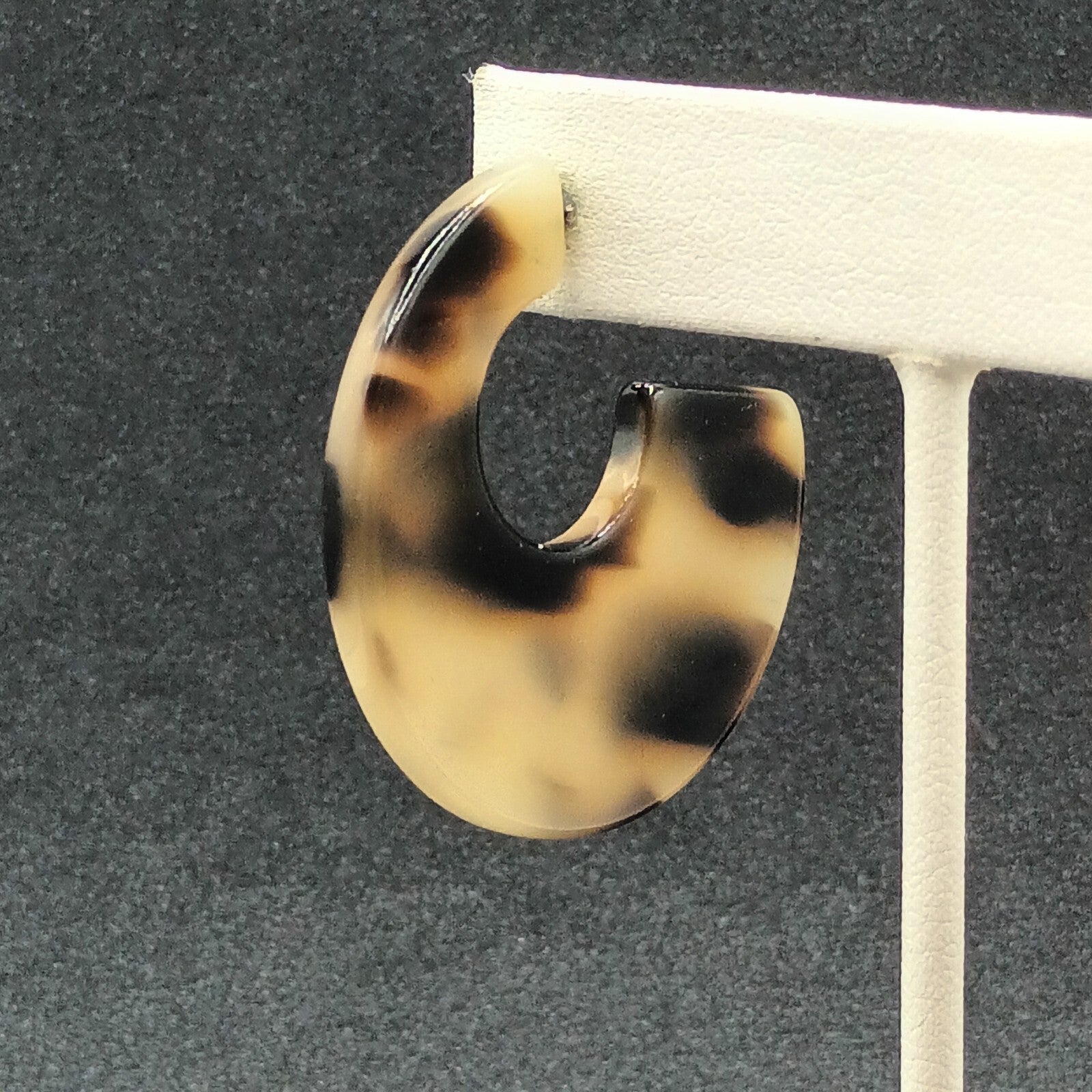 Pierced Earrings Brown Speckled Acrylic Wide Half Hoop Drop 1 5/8"