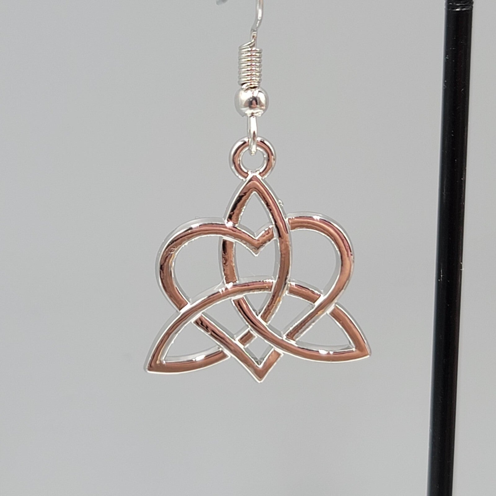 Celtic Heart Knot Pierced Earrings Silver tone Dangle 7/8"