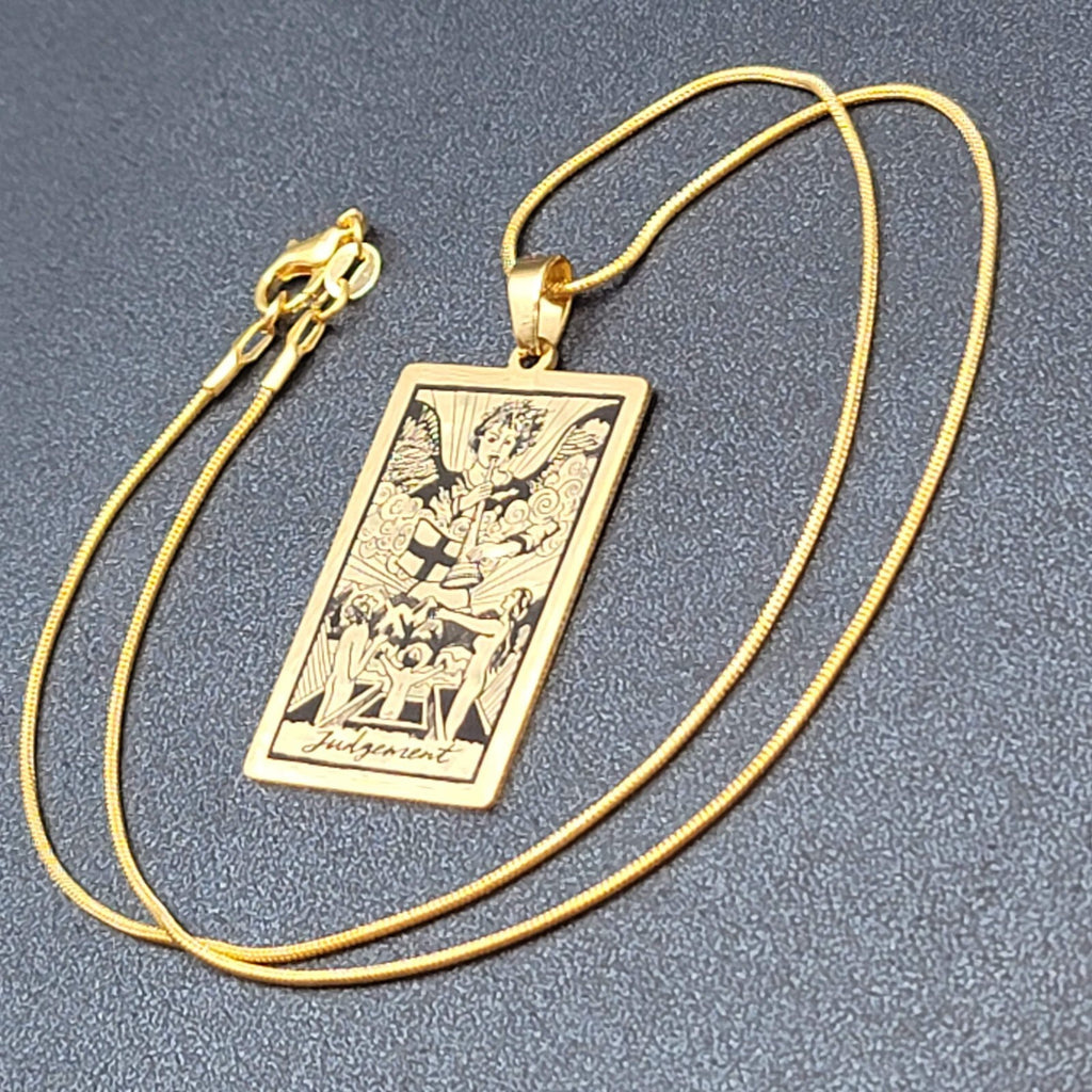 JUDGEMENT Tarot Card Pendant Necklace Major Arcana Gold tone 18”.