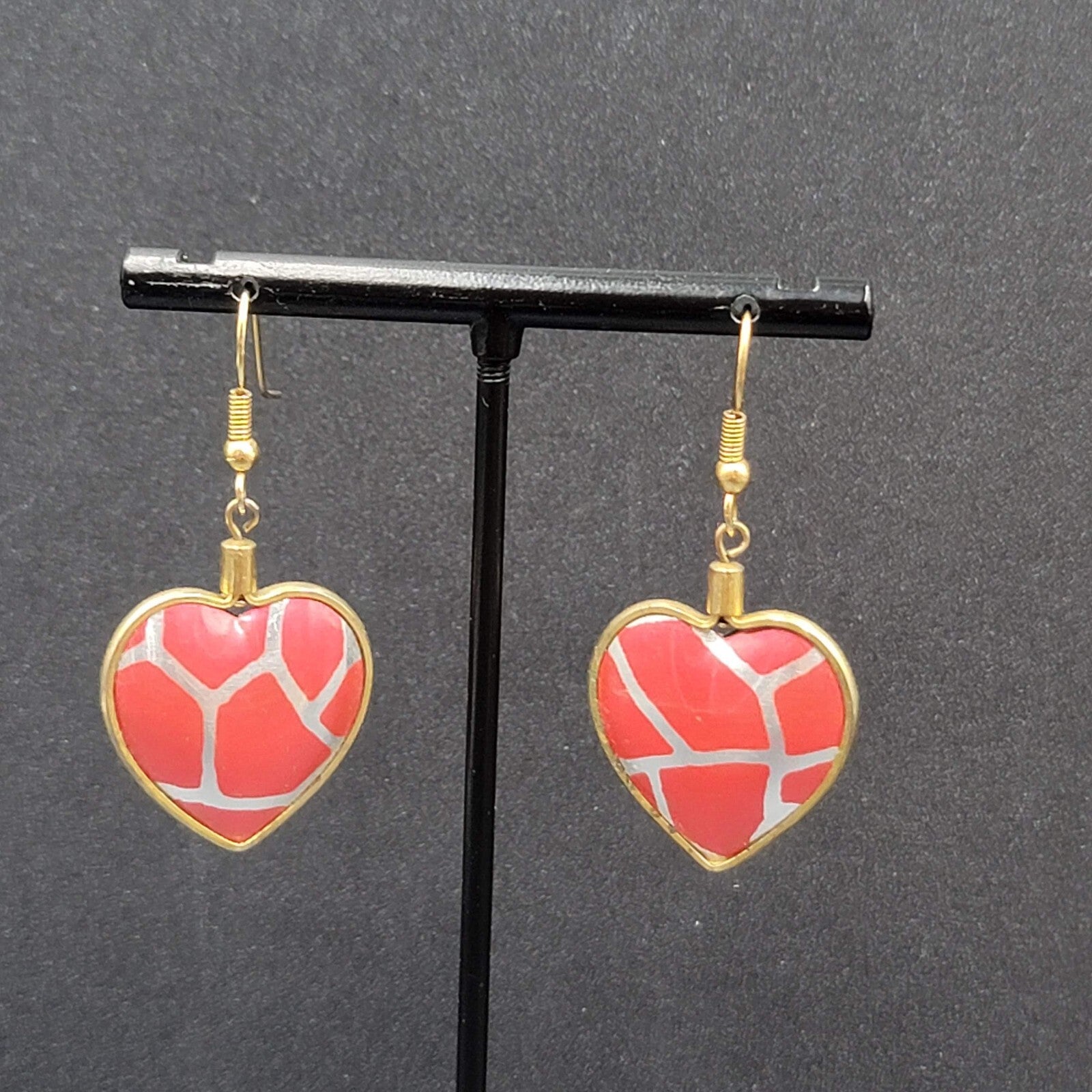 Vintage Pierced Earrings Gold toen Red Heart Dangle 1 1/8"