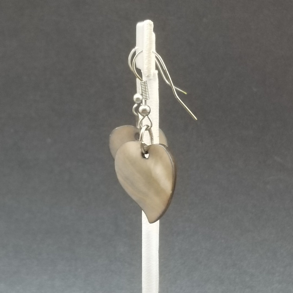 Pierced Earrings Silver tone Carved Shell Heart Statement Dangle 7/8"