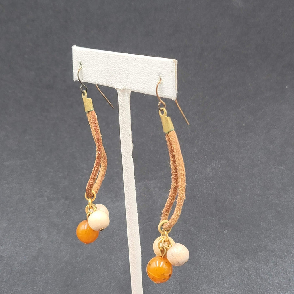 Vintage Boho Pierced Earrings Leather Stone Beaded Dangle 2.25"
