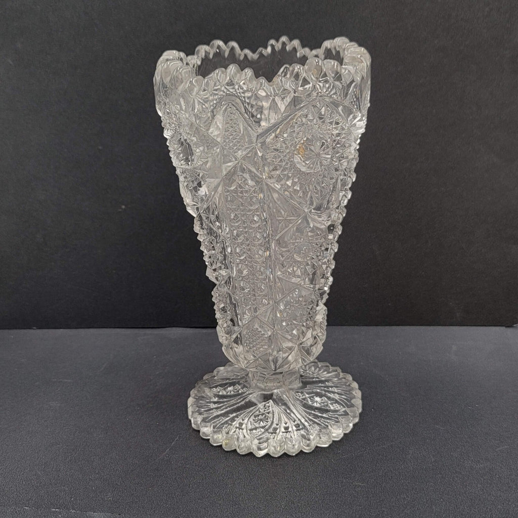 Vintage Pressed Glass Flower Vase Intricate Design 6.5"