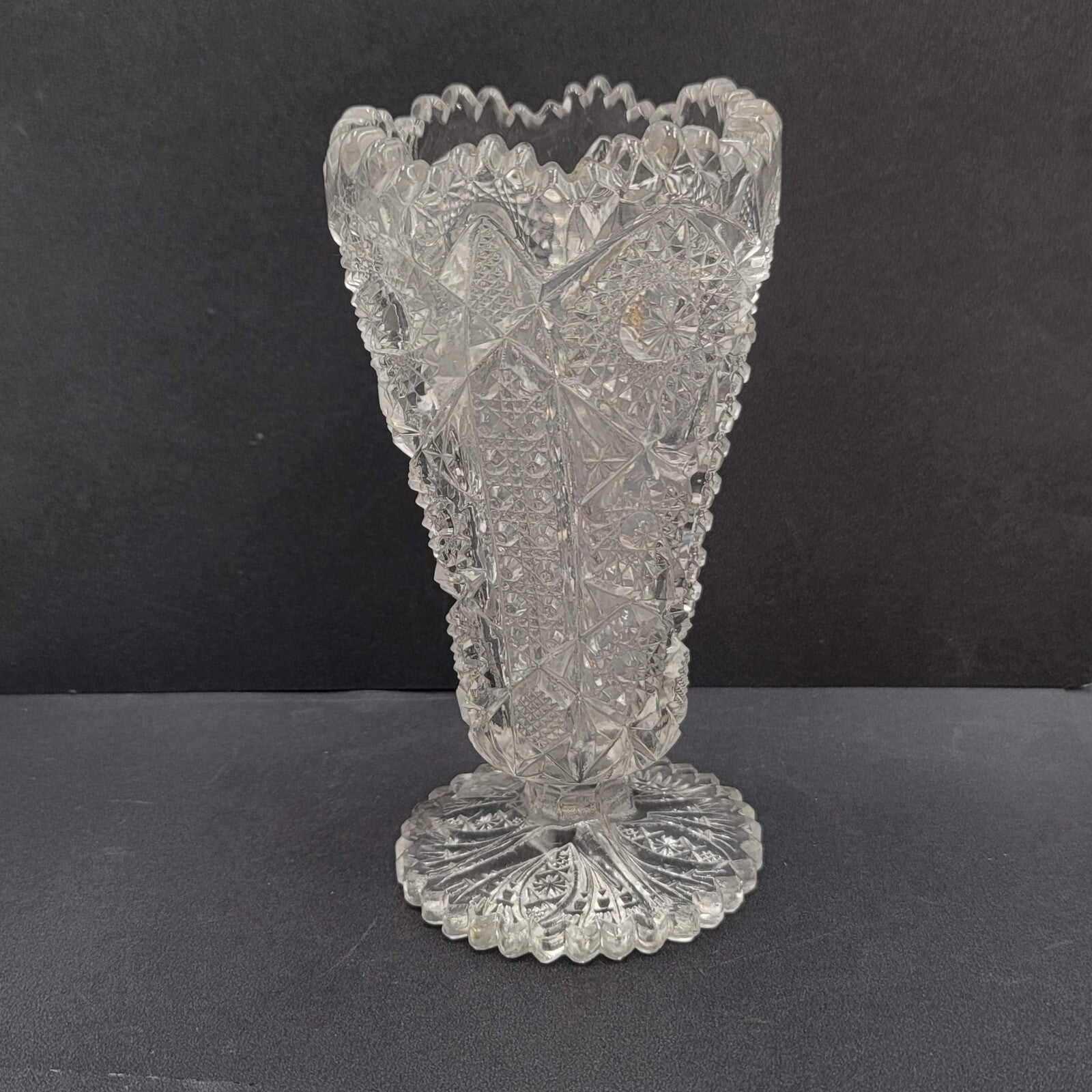 Vintage Pressed Glass Flower Vase Intricate Design 6.5"