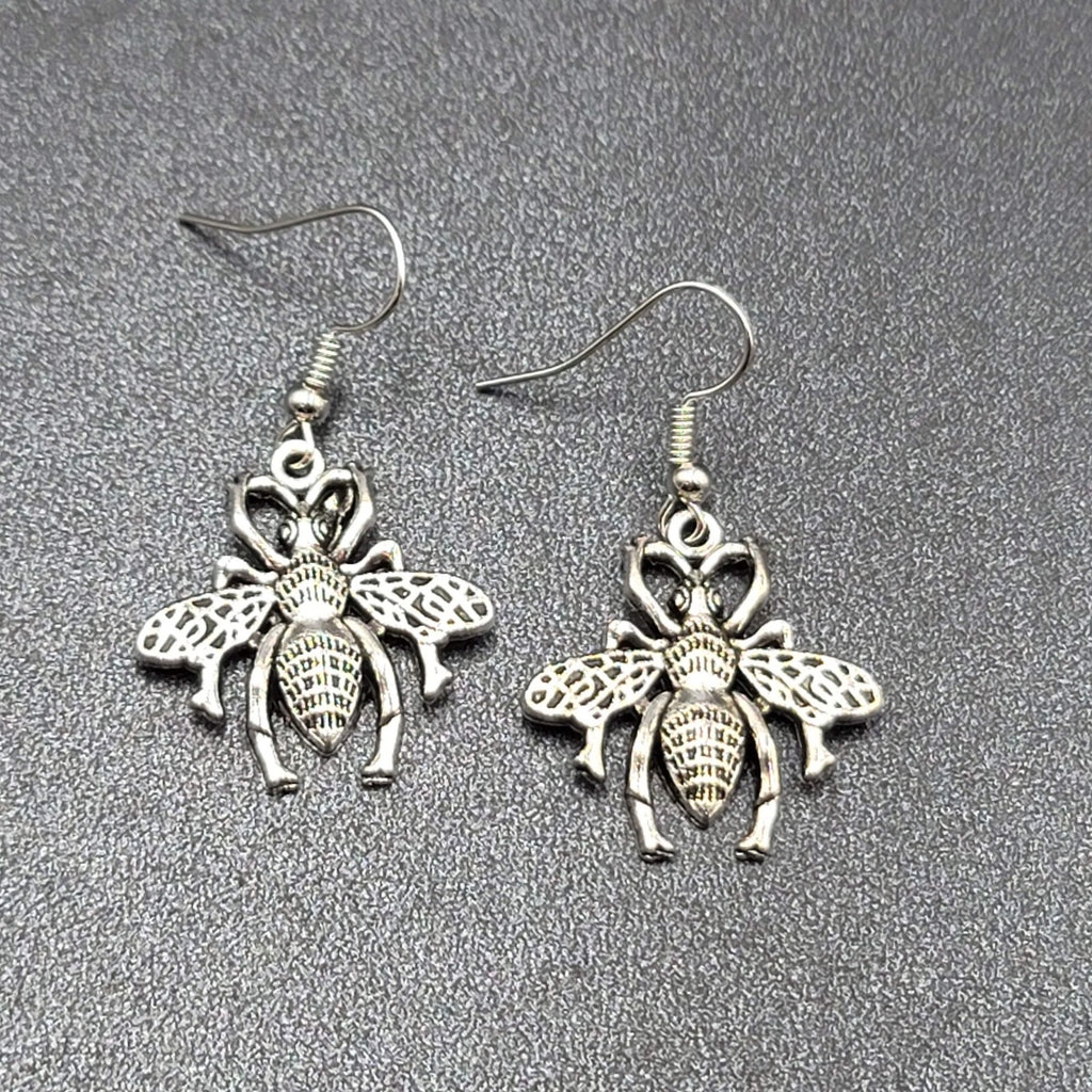 Bee Flying Insect Pierced Earrings Silver tone Dangle 1"