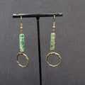 Pierced Earrings Bronze tone Green Stone Dangle 2"