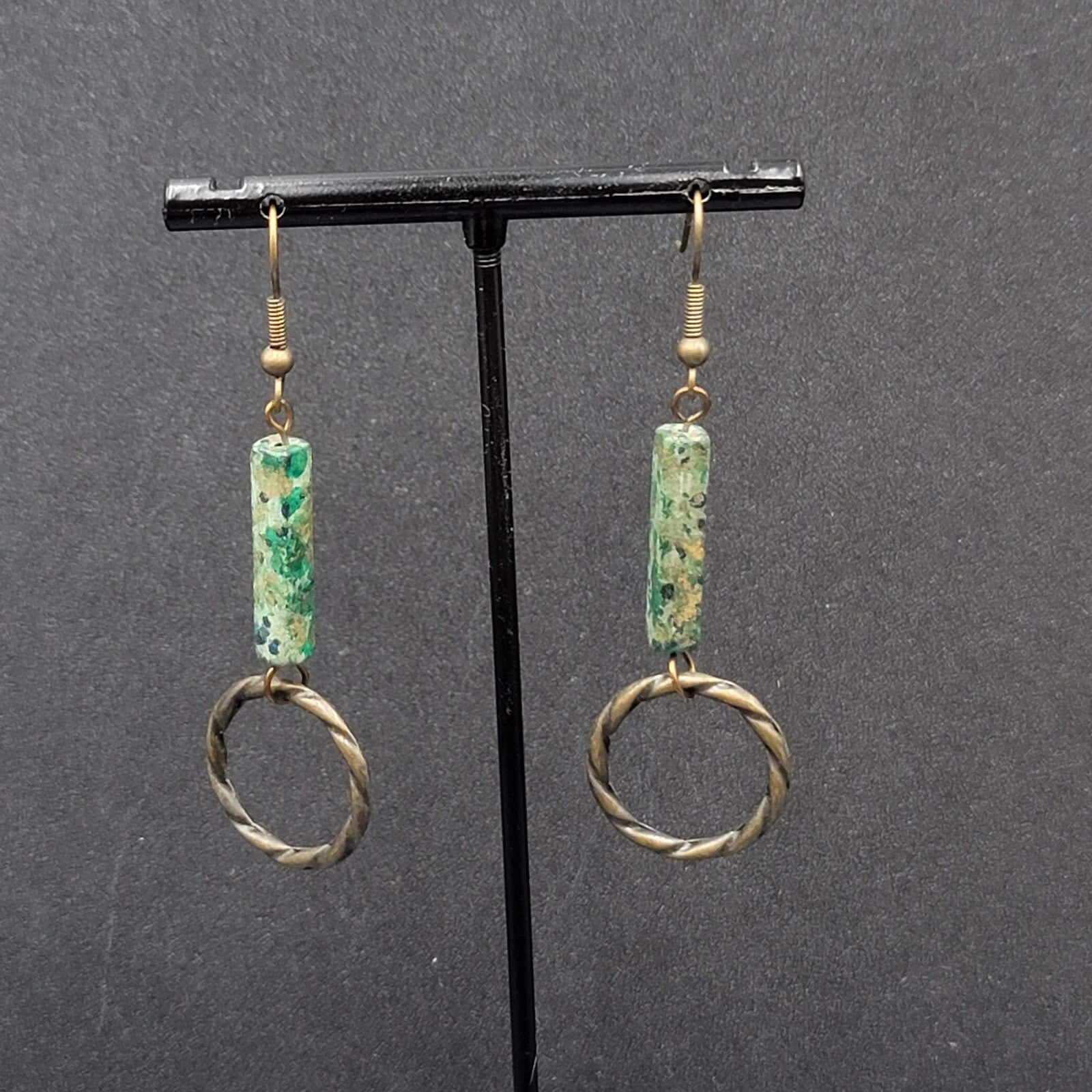 Pierced Earrings Bronze tone Green Stone Dangle 2"
