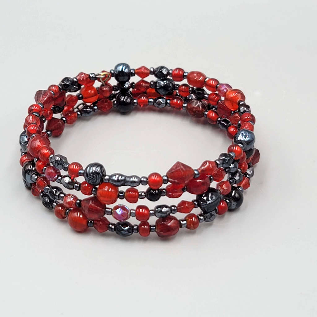Red Black Glass Bead Bracelet Memory Wire 