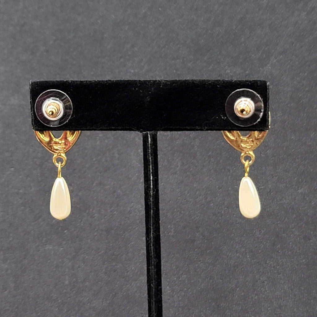 Vintage Pierced Earrings Purple Enamel Faux Pearl Teardrop Signed Dangle 1 3/8"
