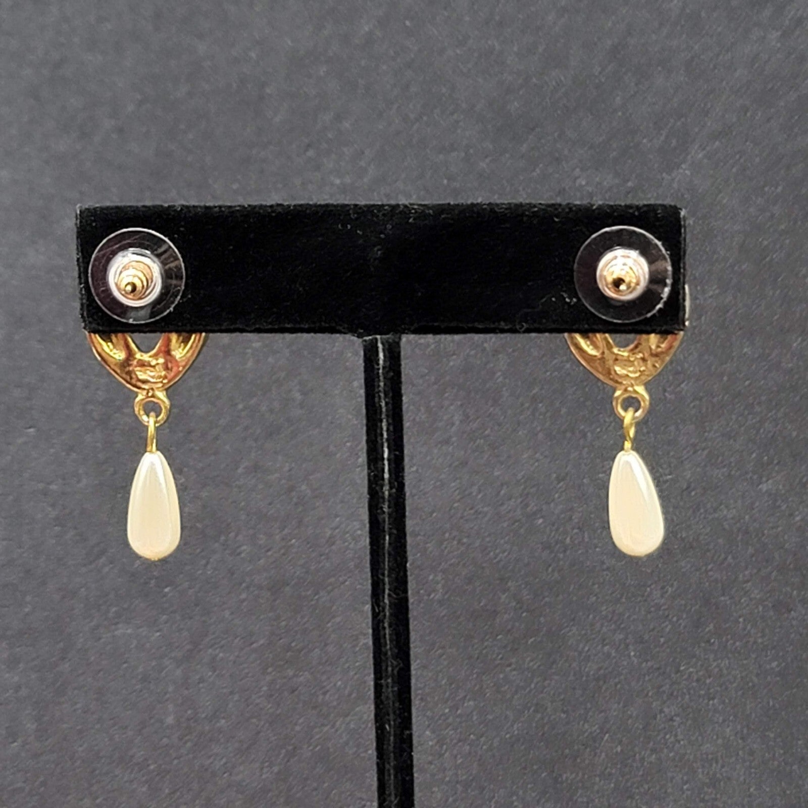 Vintage Pierced Earrings Purple Enamel Faux Pearl Teardrop Signed Dangle 1 3/8"