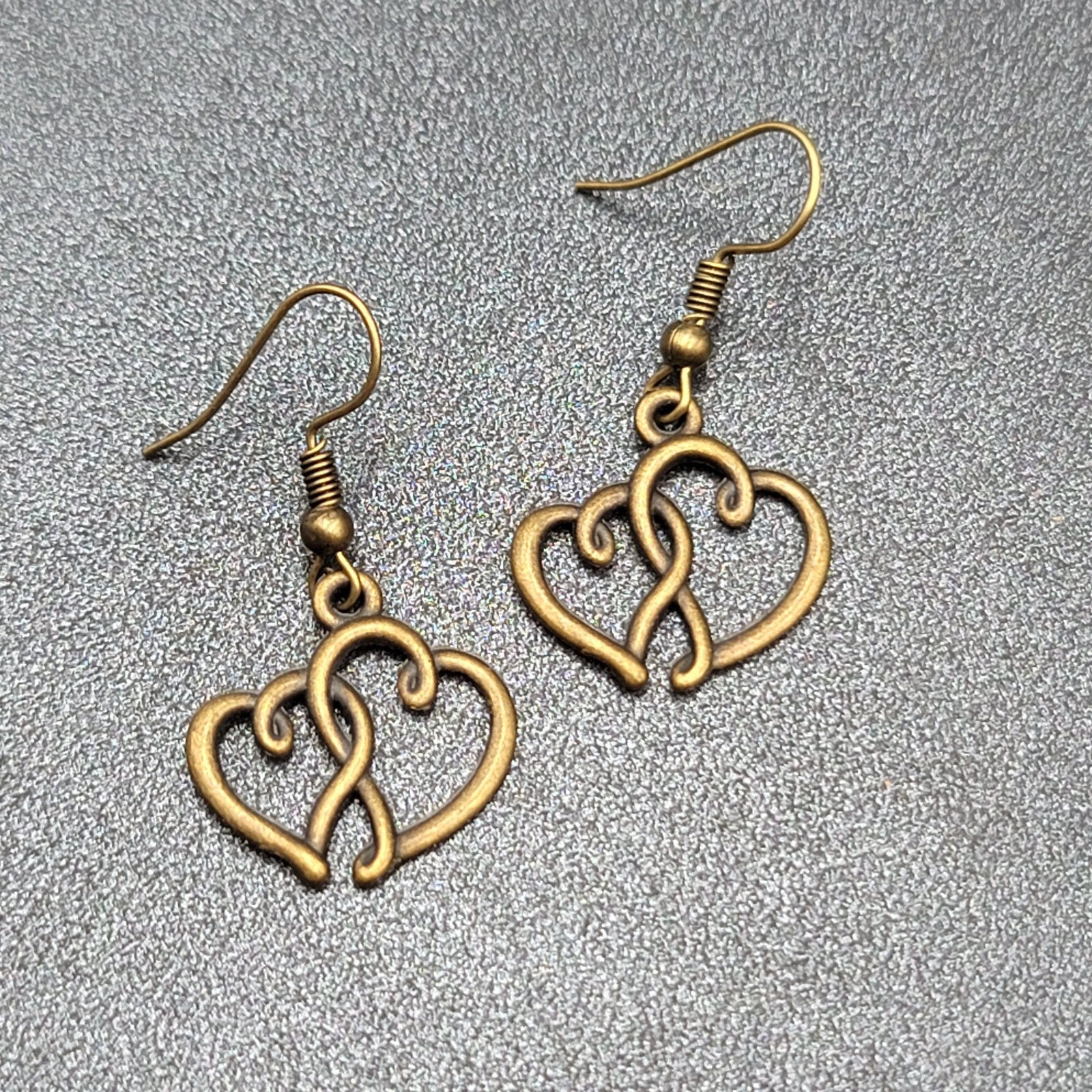 New Double Open Hearts Pierced Earrings Bronze tone Dangle 3/4"