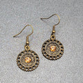 Pierced Earrings Bronze tone Orange Rhinestone Round Filigree 7/8"