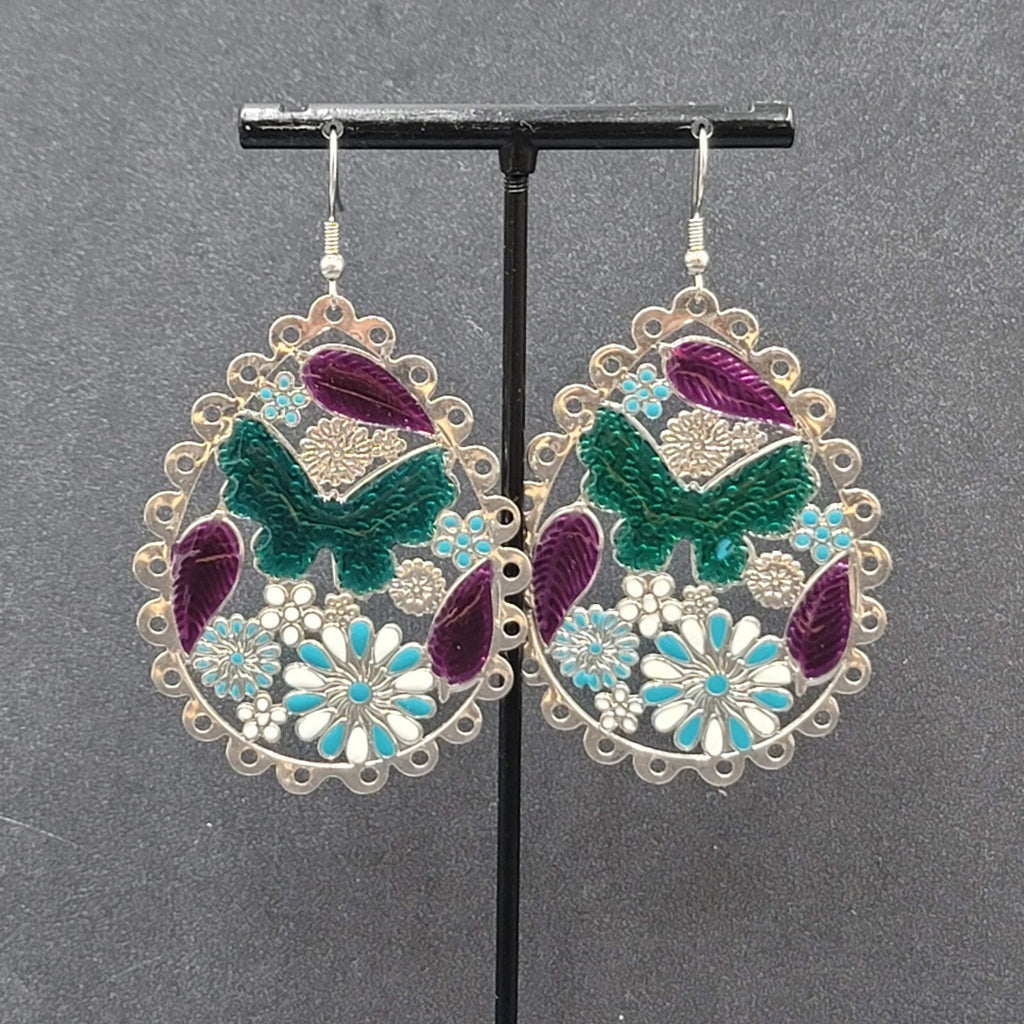 Pierced Earrings Large Silver tone Teardrop Butterfly Flowers Dangle 2.25"