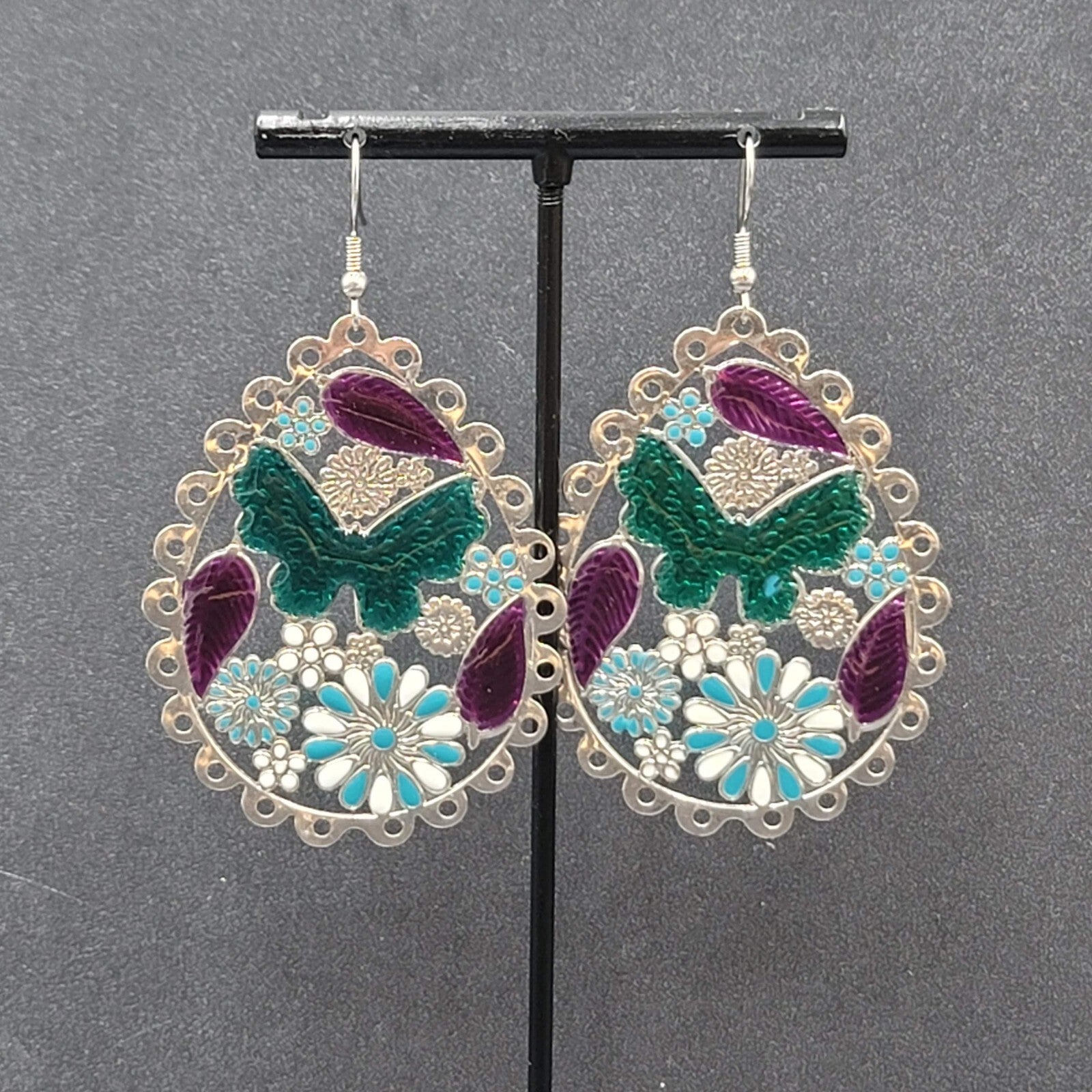Pierced Earrings Large Silver tone Teardrop Butterfly Flowers Dangle 2.25"