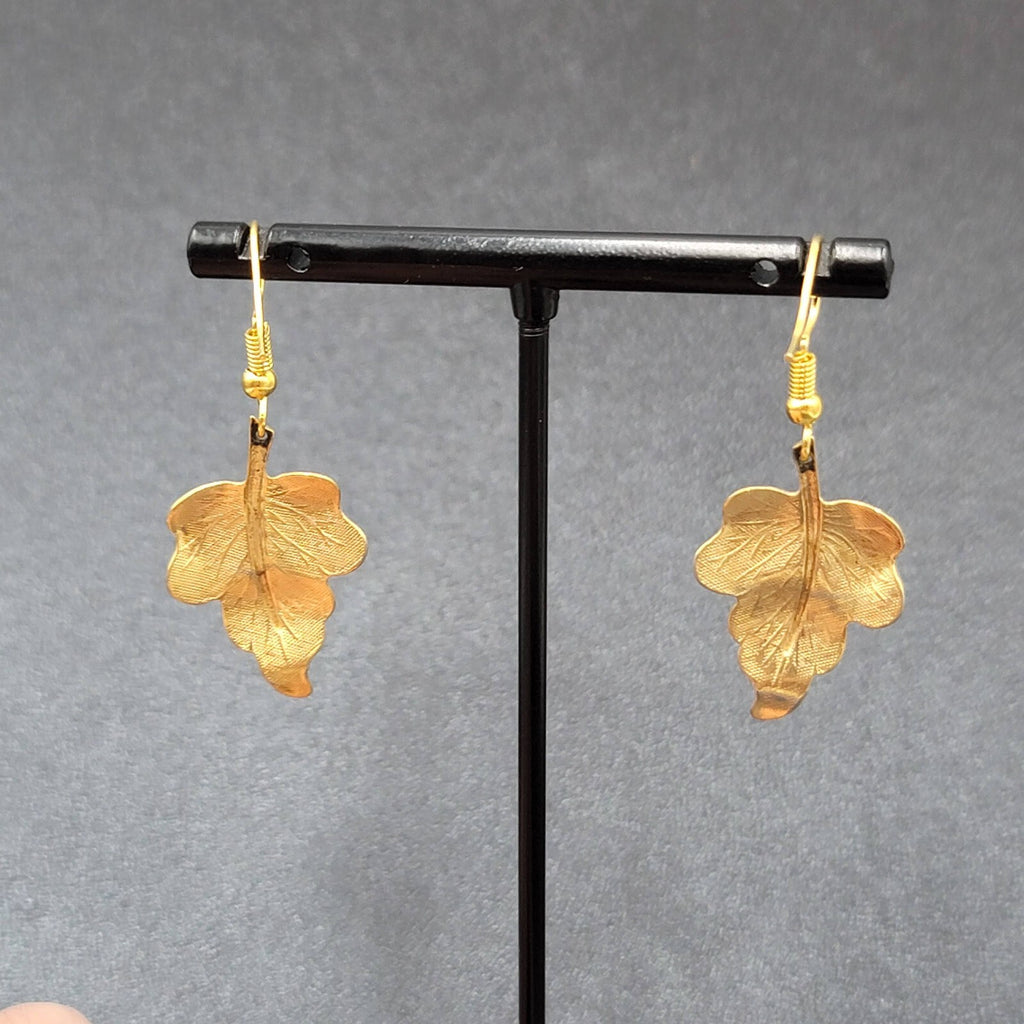 Pierced Earrings Brushed Gold Plated Dangle Detailed Leaves 1 1/8"