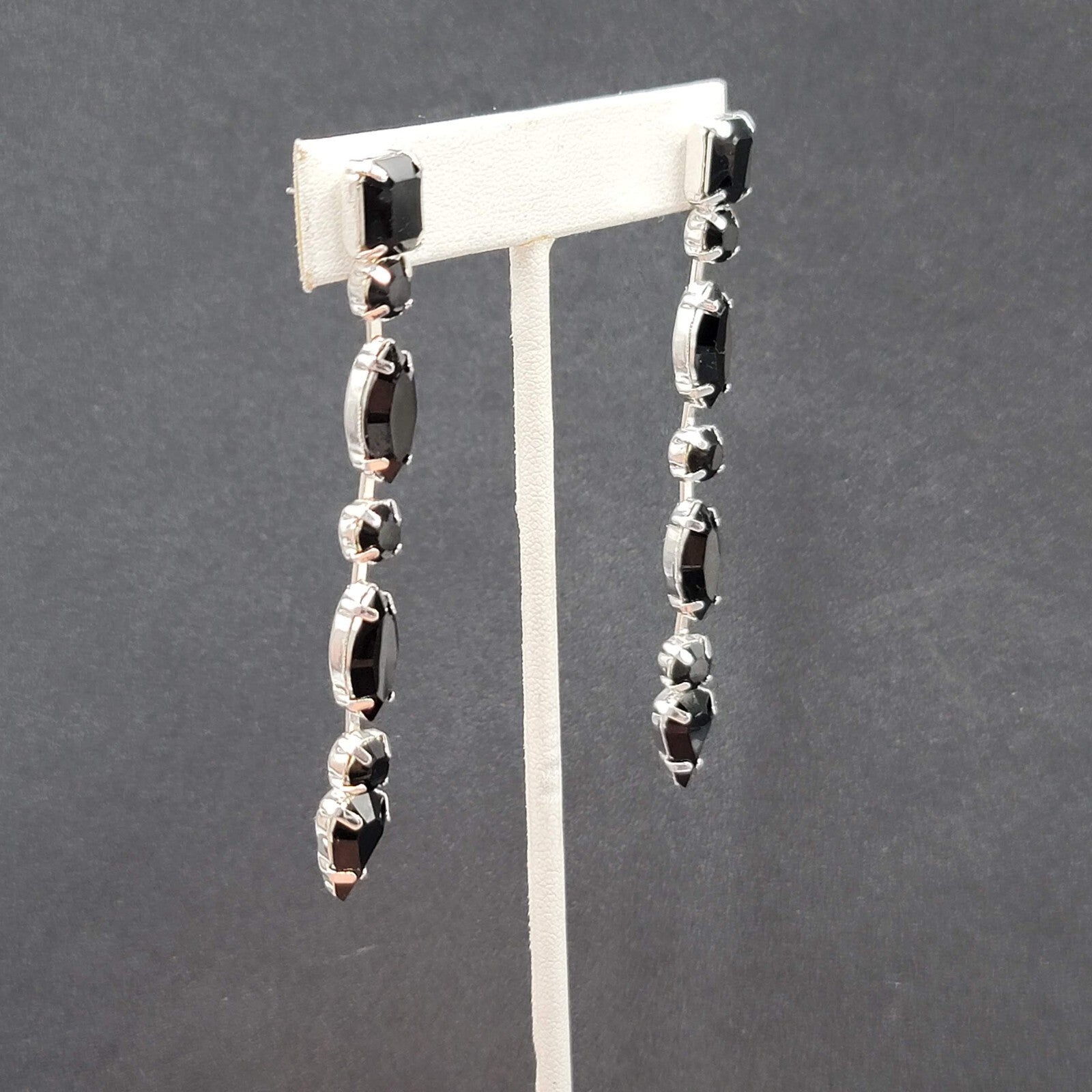 Pierced Earrings Silver tone Acrylic Black Prong Set Dangle 3"