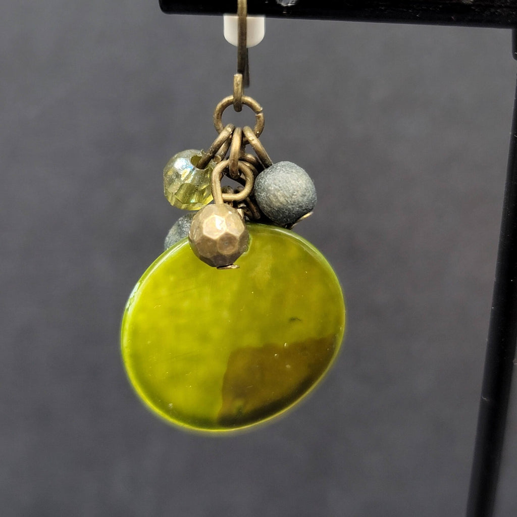 Pierced Earrings Green Shell and Beaded Dangle 1.25"