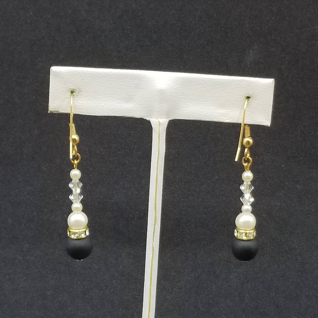 Pierced Earrings Gold tone Crystal Faux Pearl Black Beaded Dangle 1 1/8"