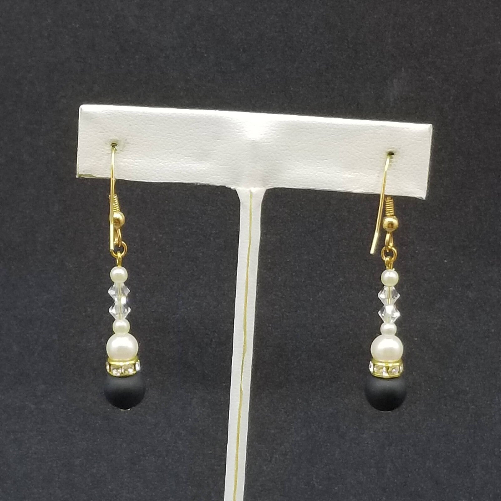 Pierced Earrings Gold tone Crystal Faux Pearl Black Beaded Dangle 1 1/8"