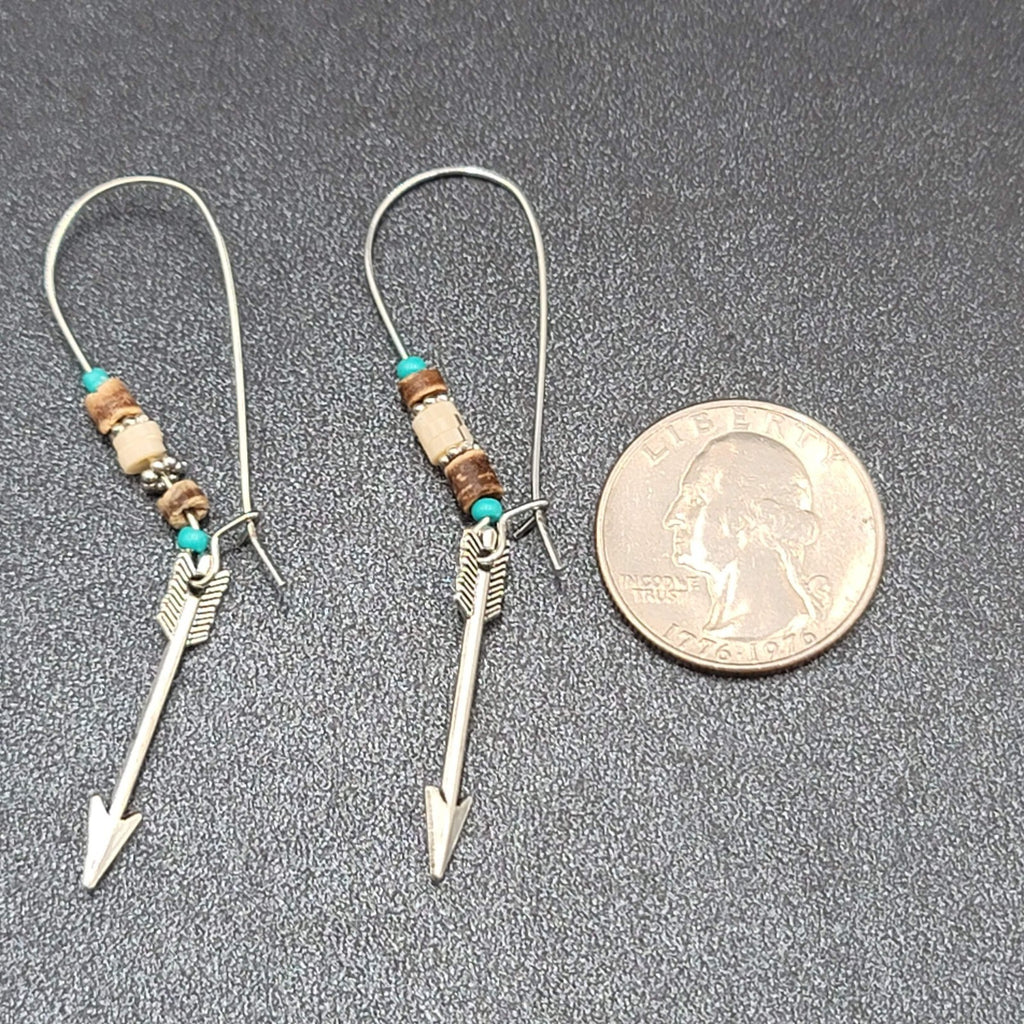 Pierced Earrings Silver tone Beaded Feather Dangle 2.5"