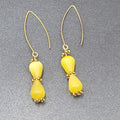 Pierced Earrings Gold tone Yellow Cats Eye Stone Beads Dangle 1.5"