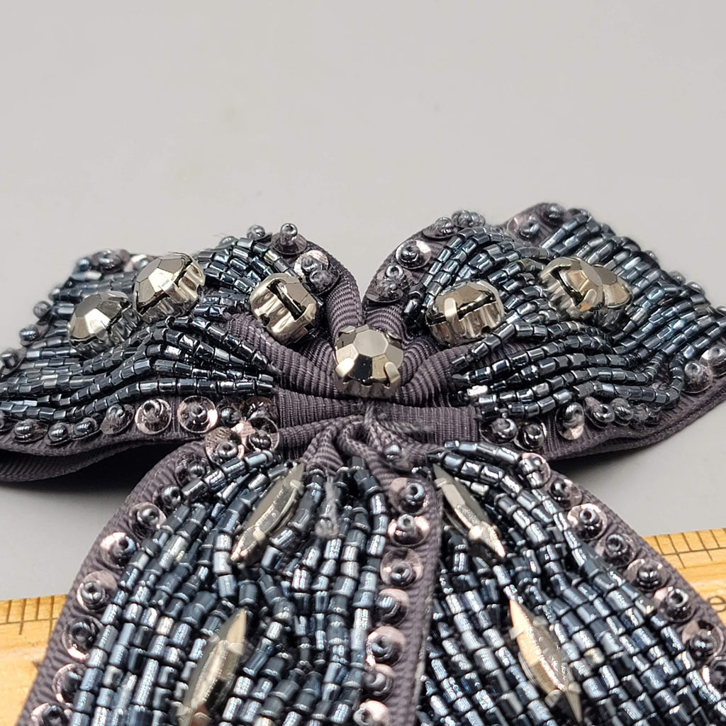 Beaded Bow Brooch Hair Clip Gray Ribbon Rhinestone Crystal Accent Pin 5 Inch