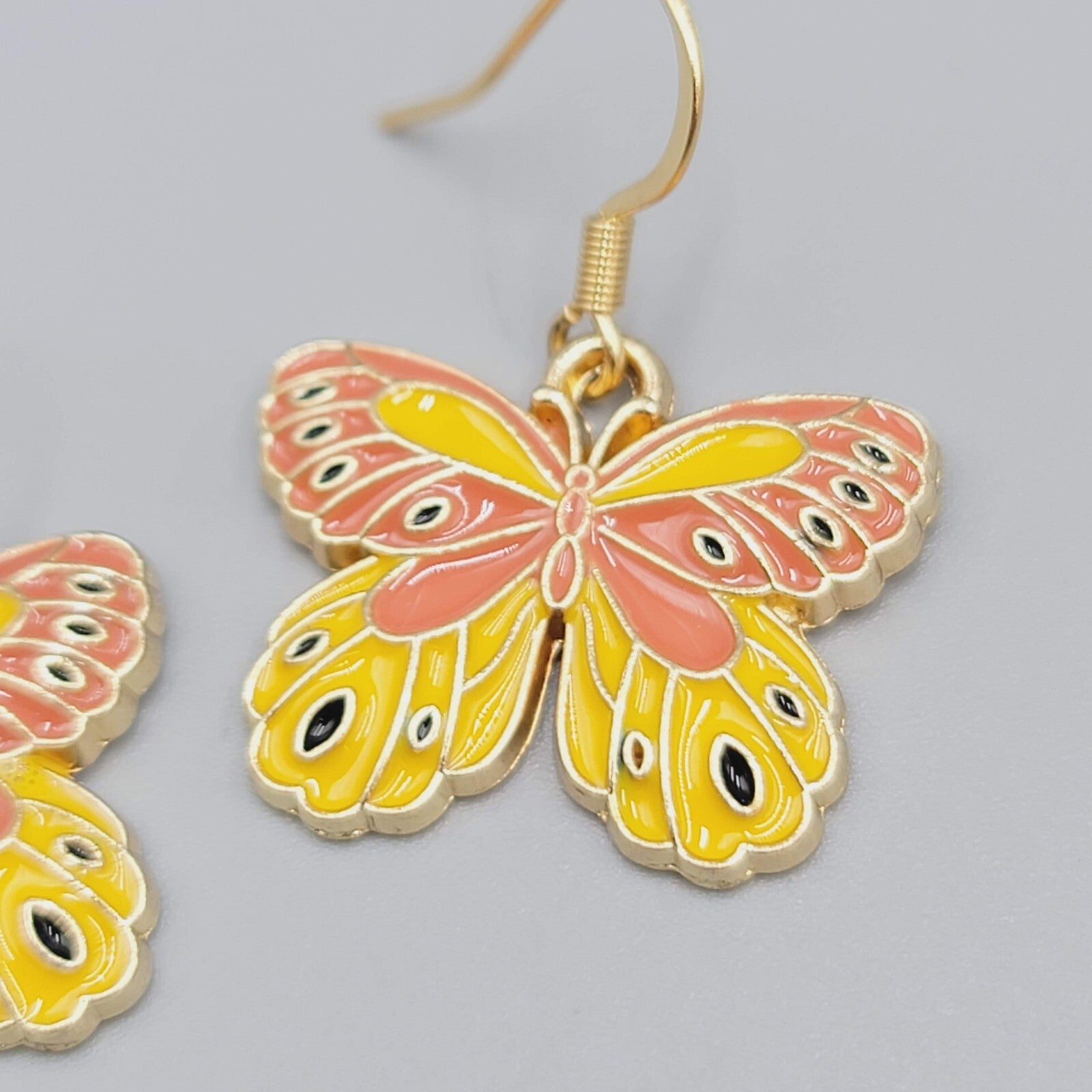 Yellow Moth Enamel Pierced Earrings Gold tone Dangle Butterfly 3/4"