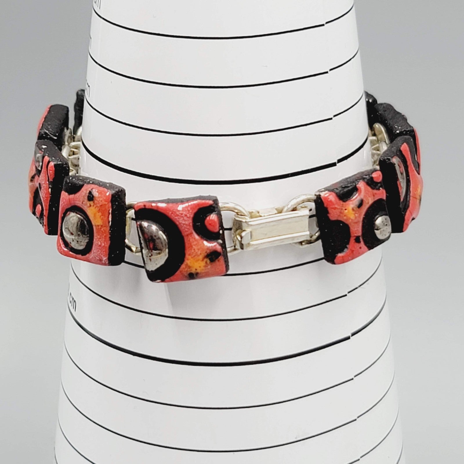 Vintage Artisan Link Bracelet Red Polymer Geometric Squares Silver Tone 7"