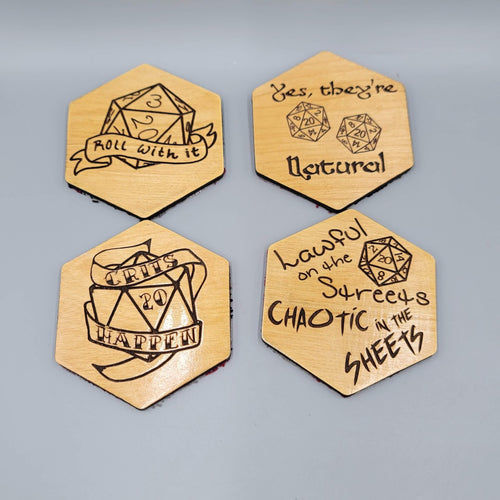 DND Dice Wooden Coaster Set Tabletop RPG Crit Happens Roll With It Natural Gift