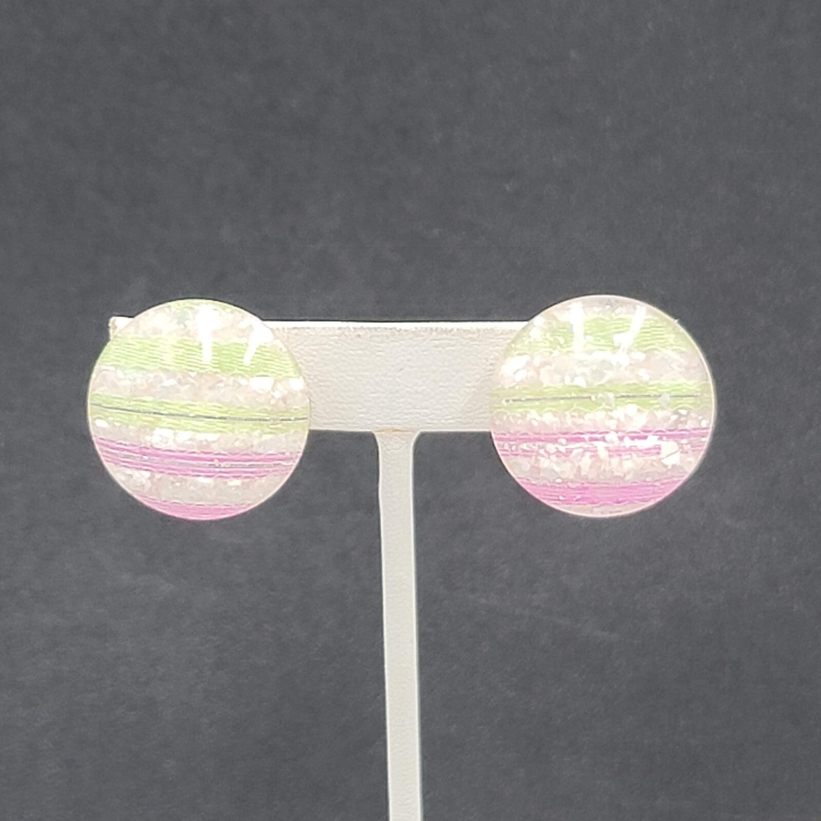 Vintage Clip on Earrings Purple Green White Lucite Round Button Studs 1"